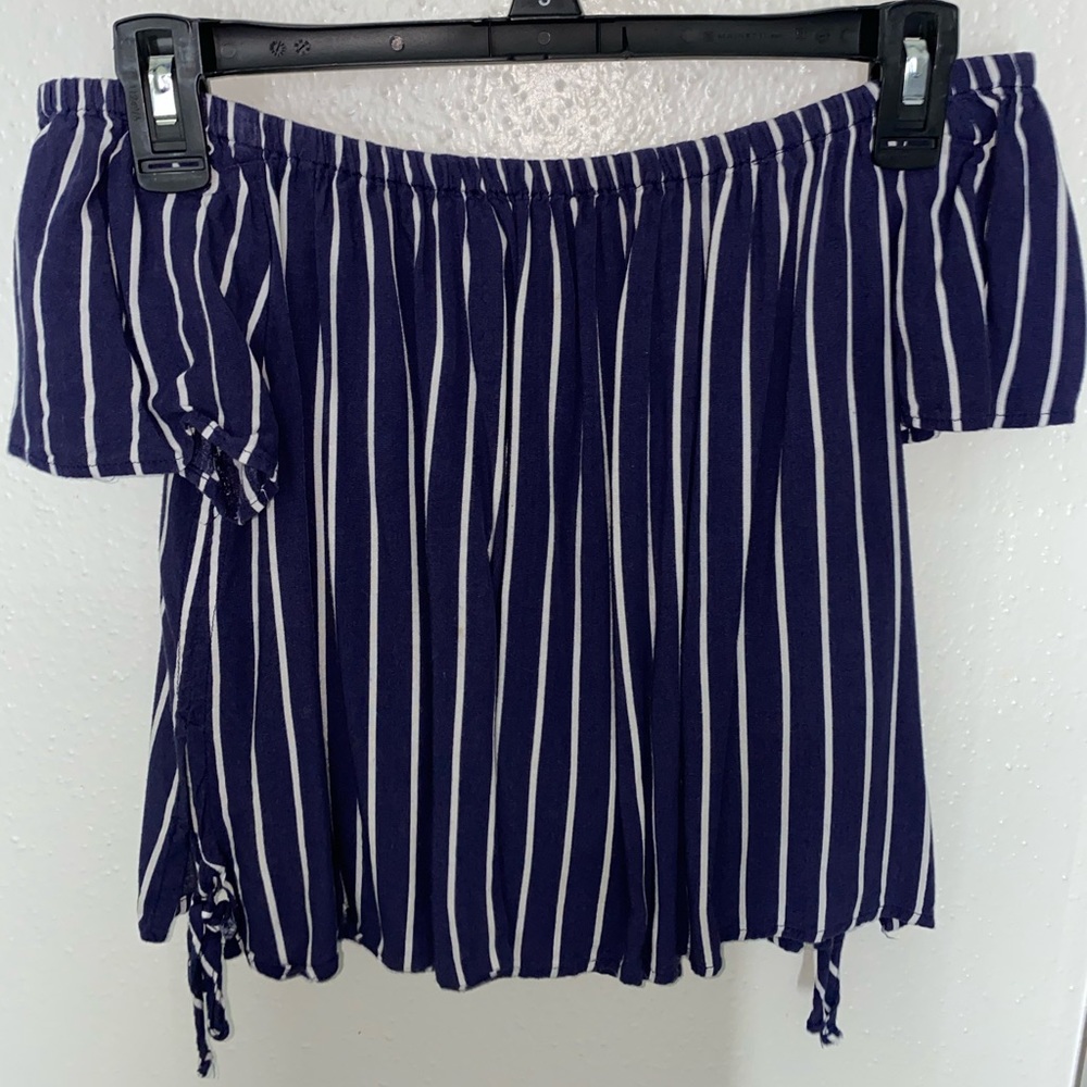 striped navy off the shoulder crop top